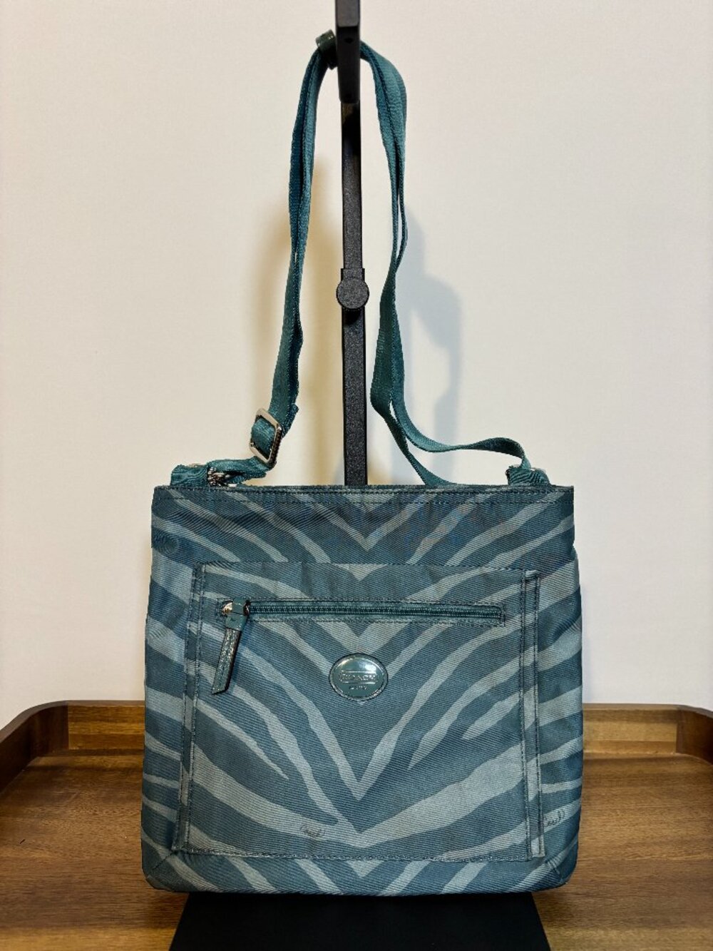 Coach Getaway Teal Zebra Print Nylon File Crossbody Bag
